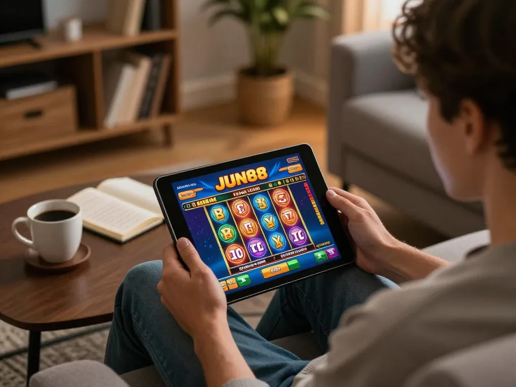 Player engaging in JUN88 mobile casino app at home, showcasing vibrant slot game interface and cozy setup.