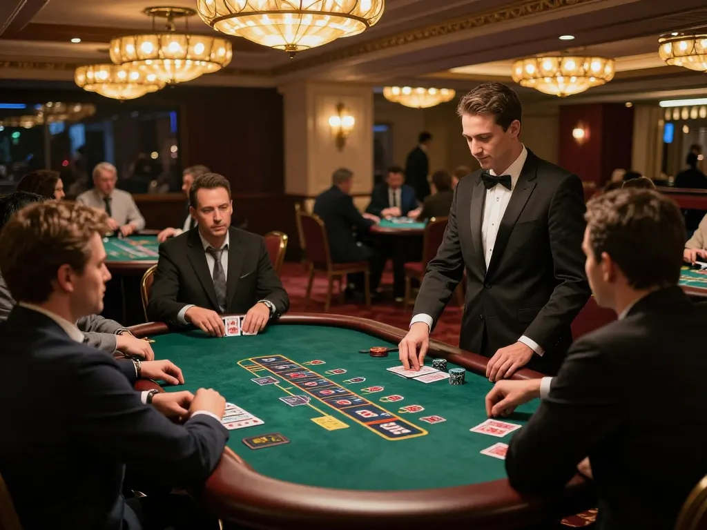 Players engaging at a blackjack table in a luxurious casino setting, emphasizing strategic gameplay with debet actions.
