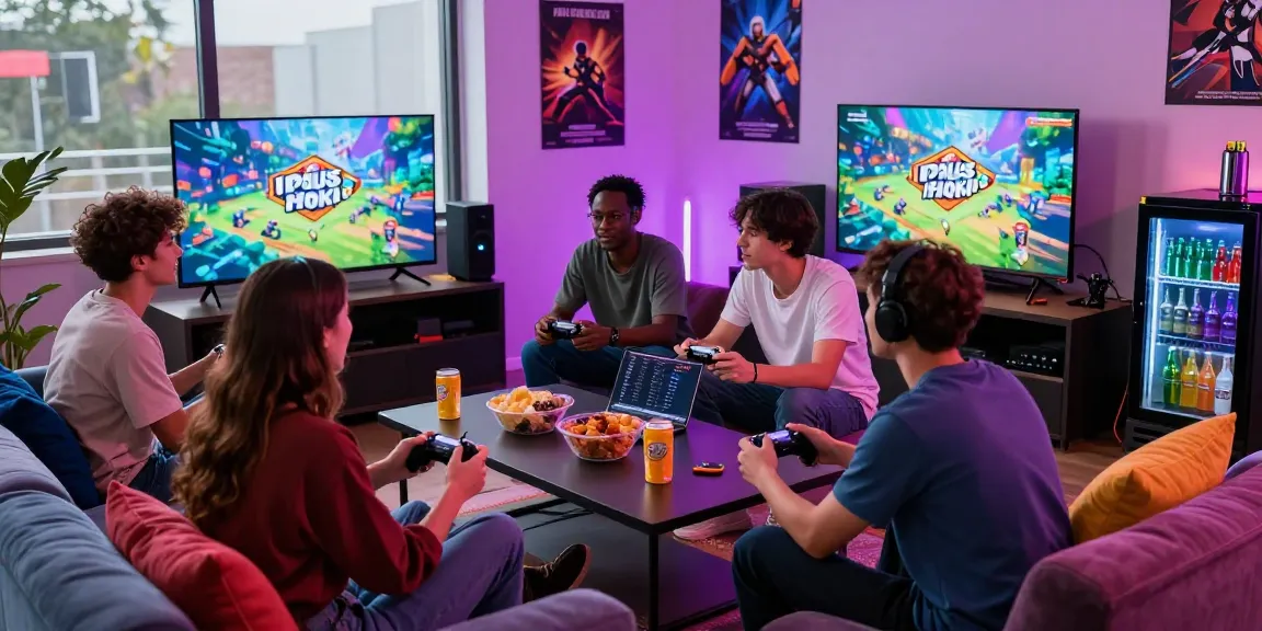 A lively gaming lounge with friends enjoying paus hoki games, surrounded by colorful LED lights and snacks.