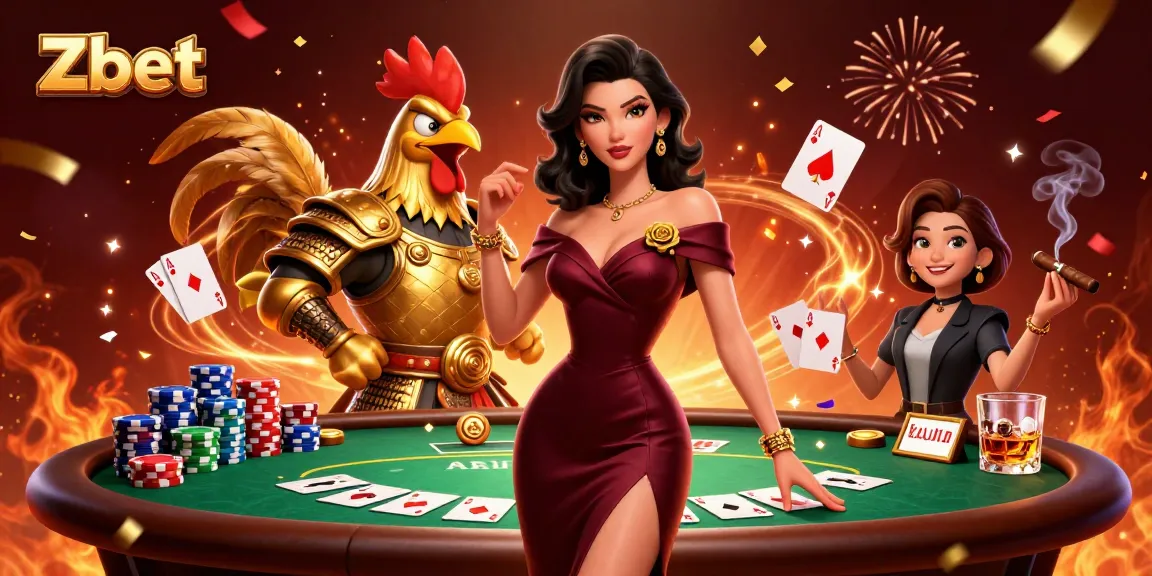 Zbet showcases a thrilling poker scene with a glamorous character and a rooster warrior amidst vibrant gaming elements.