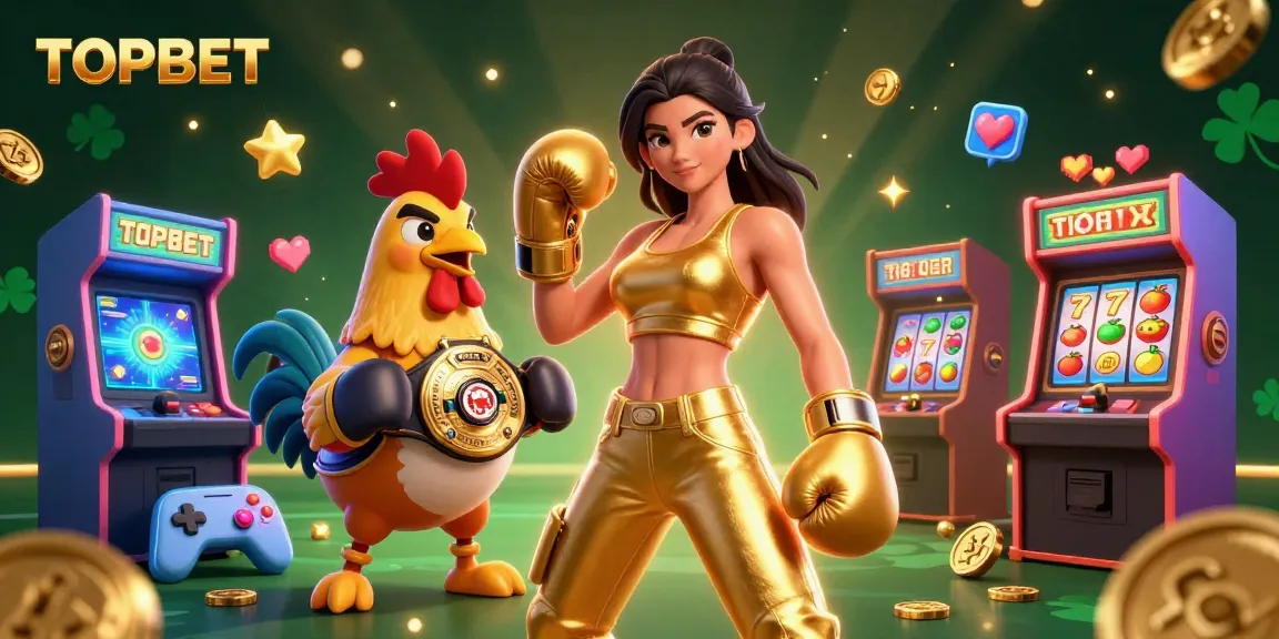 TOPBET showcases a spirited betting scene with energetic characters and casino elements.