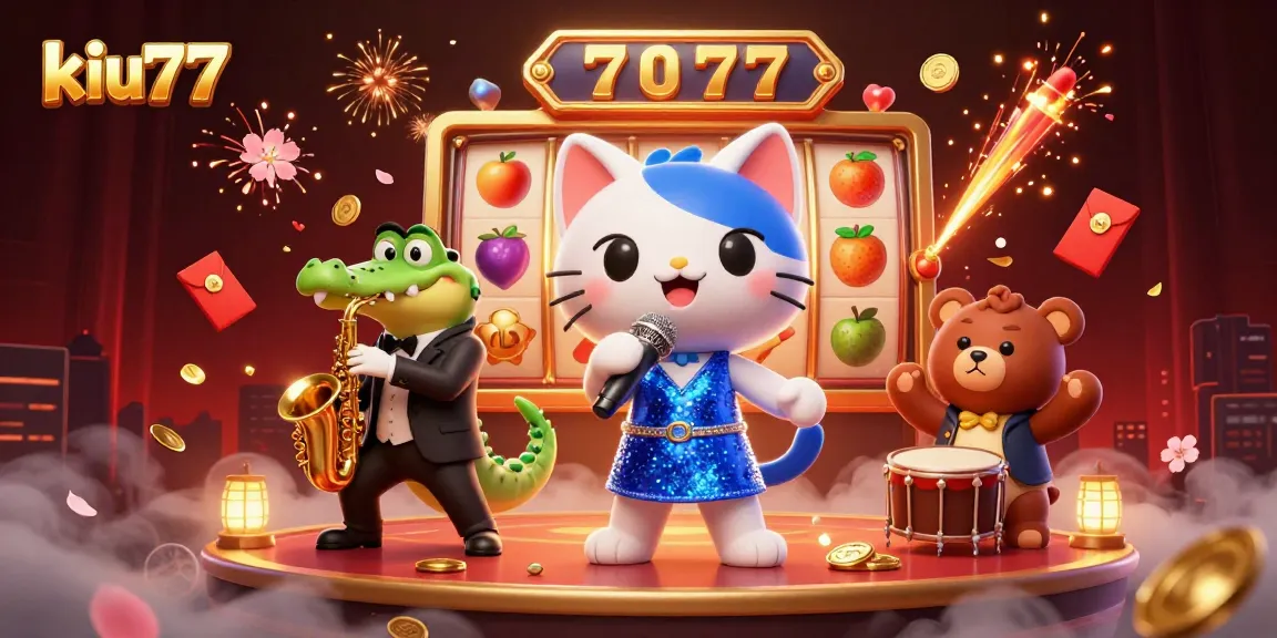 Kiu77 invites gamers to spin slot reels amidst thrilling casino characters and vibrant action.