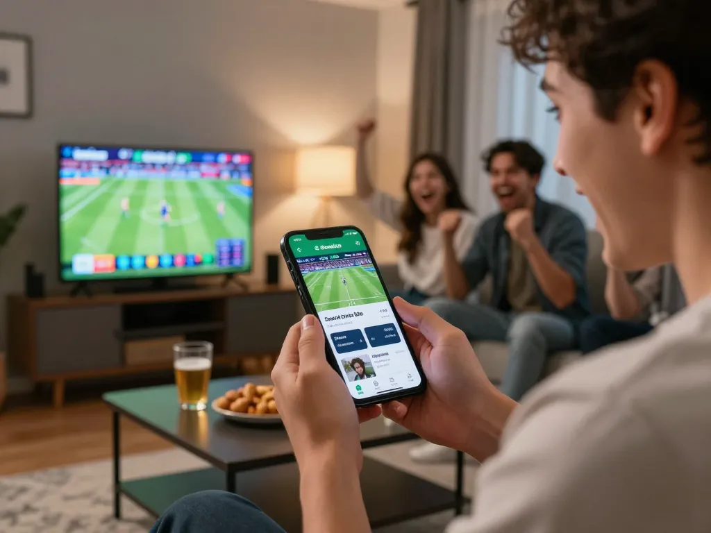 Socolive xem bóng đá in action as friends cheer while watching the live stream on their smartphone.