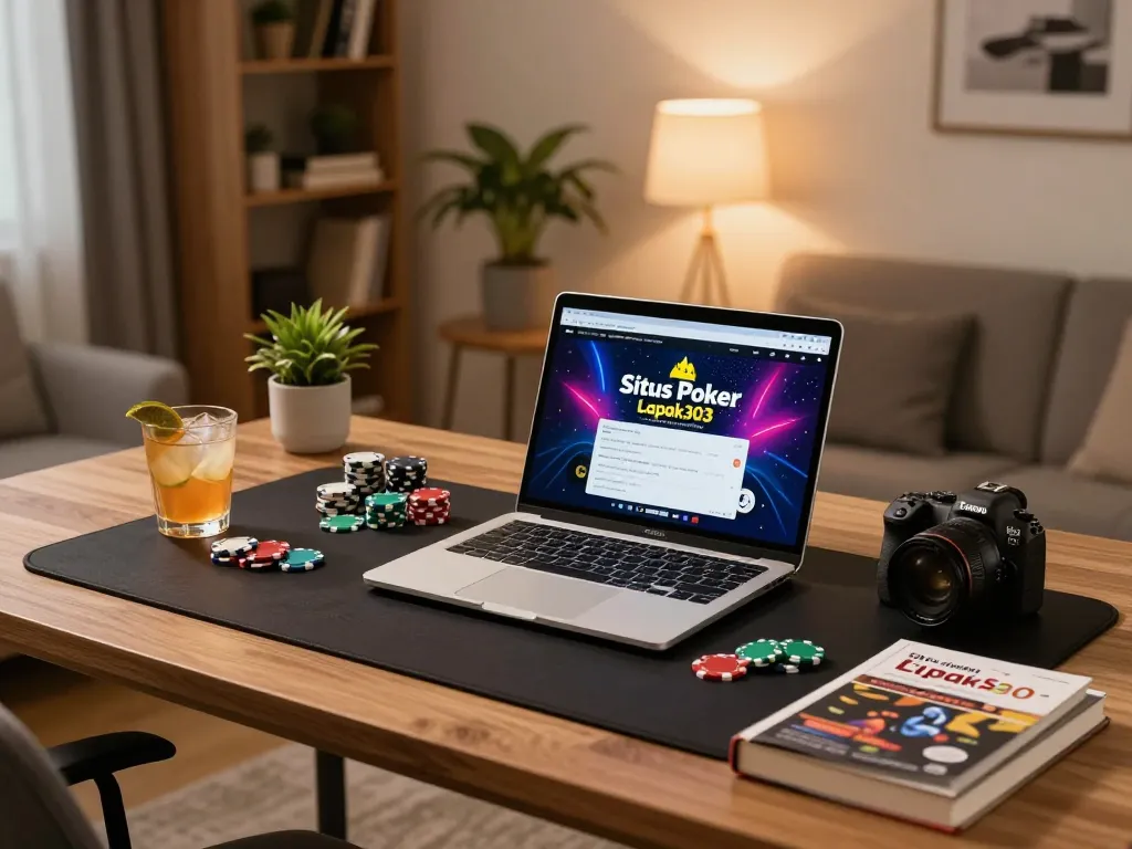 Situs Poker Lapak303 interface displayed on a laptop in a cozy gaming setup, enhancing online poker experience