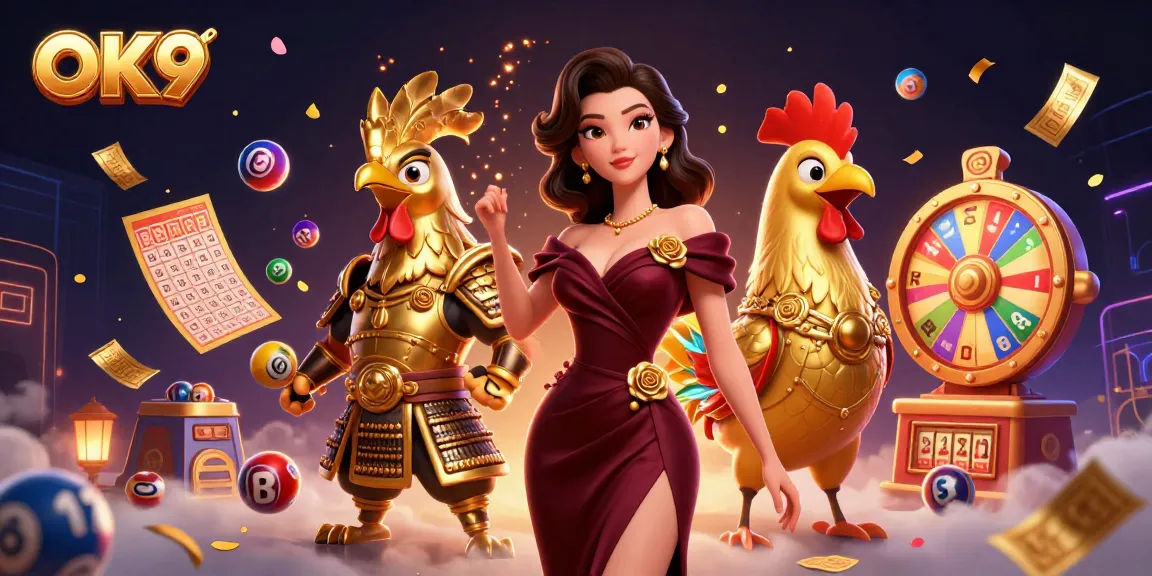 Experience exhilarating gaming action with OK9 in a vibrant 3D casino scene full of dynamic elements.