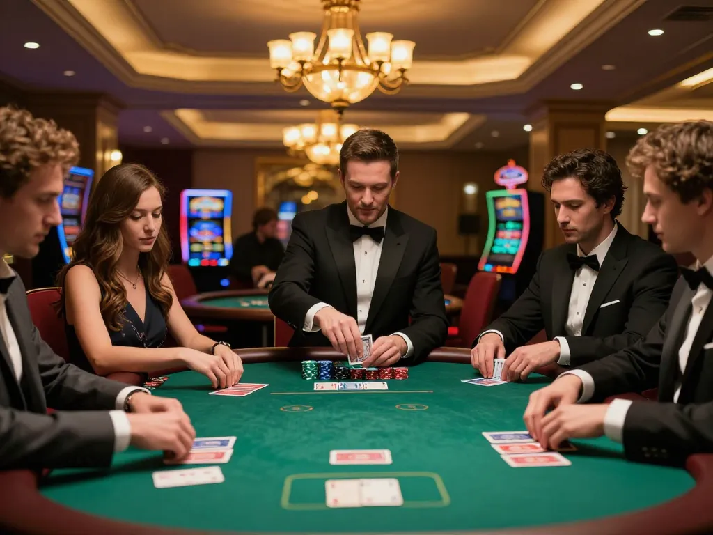 Players engaged in high-stakes poker at a luxurious casino table, embodying the thrill of five88 gambling.