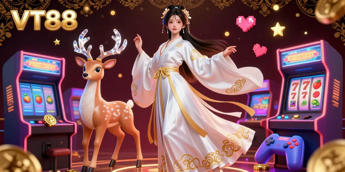 Engage with VT88 casino excitement, featuring a stunning floating Asian woman in a hanfu surrounded by vibrant slot games.