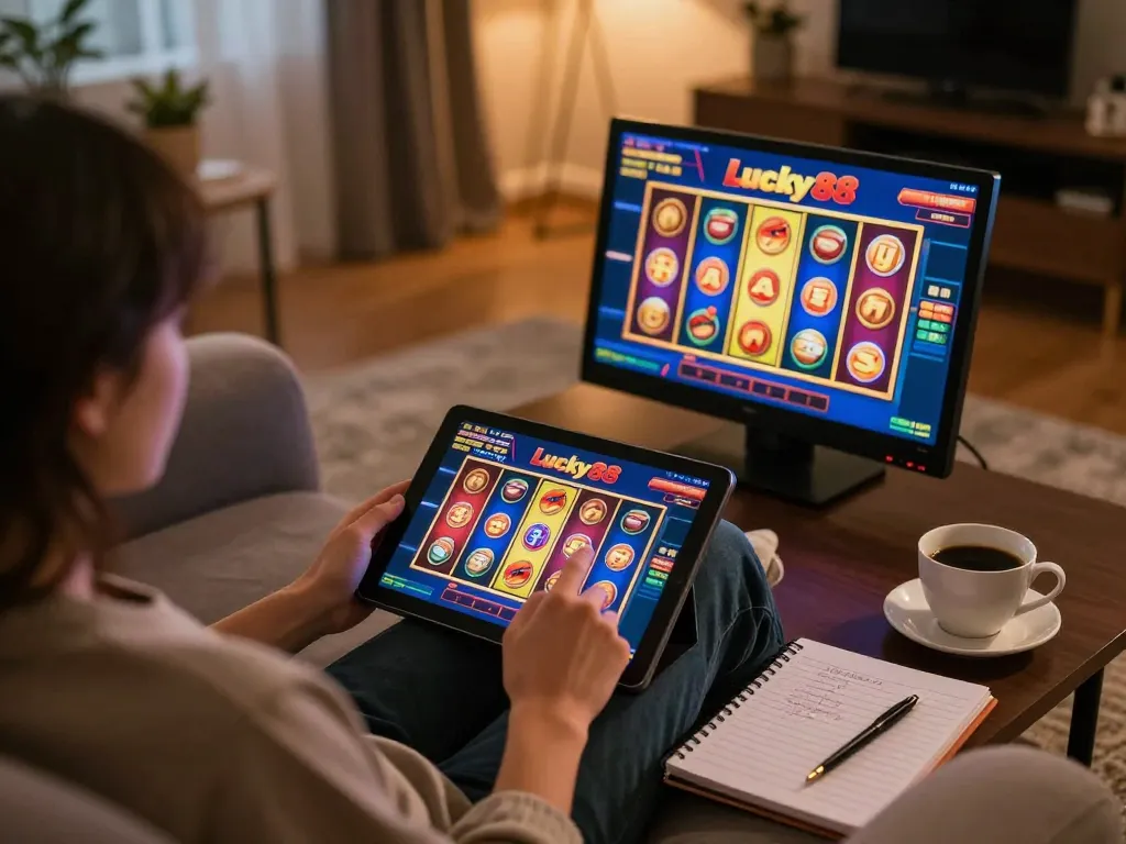 Engaging in the Lucky88 slot game on a tablet, surrounded by cozy home decor.