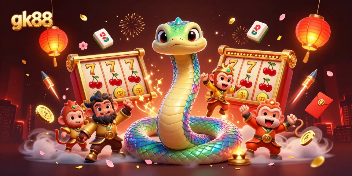 Play and win with gk88 at this vibrant online casino adventure featuring lively characters and slot elements.