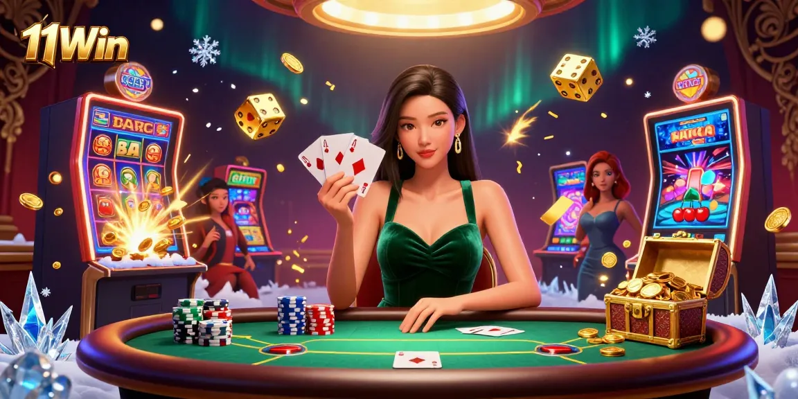 Experience the thrill of 11Win casino games with a stunning illustration of an Asian woman at a poker table.