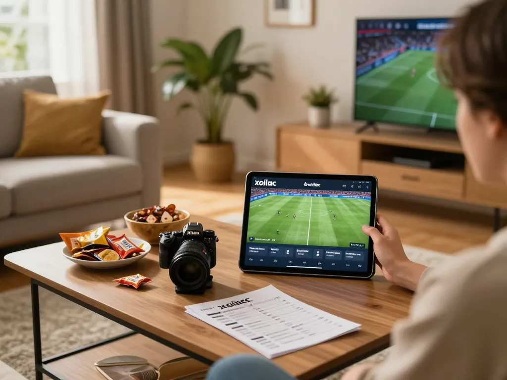 Xoilac TV user engaging with live football app on tablet in cozy home atmosphere.