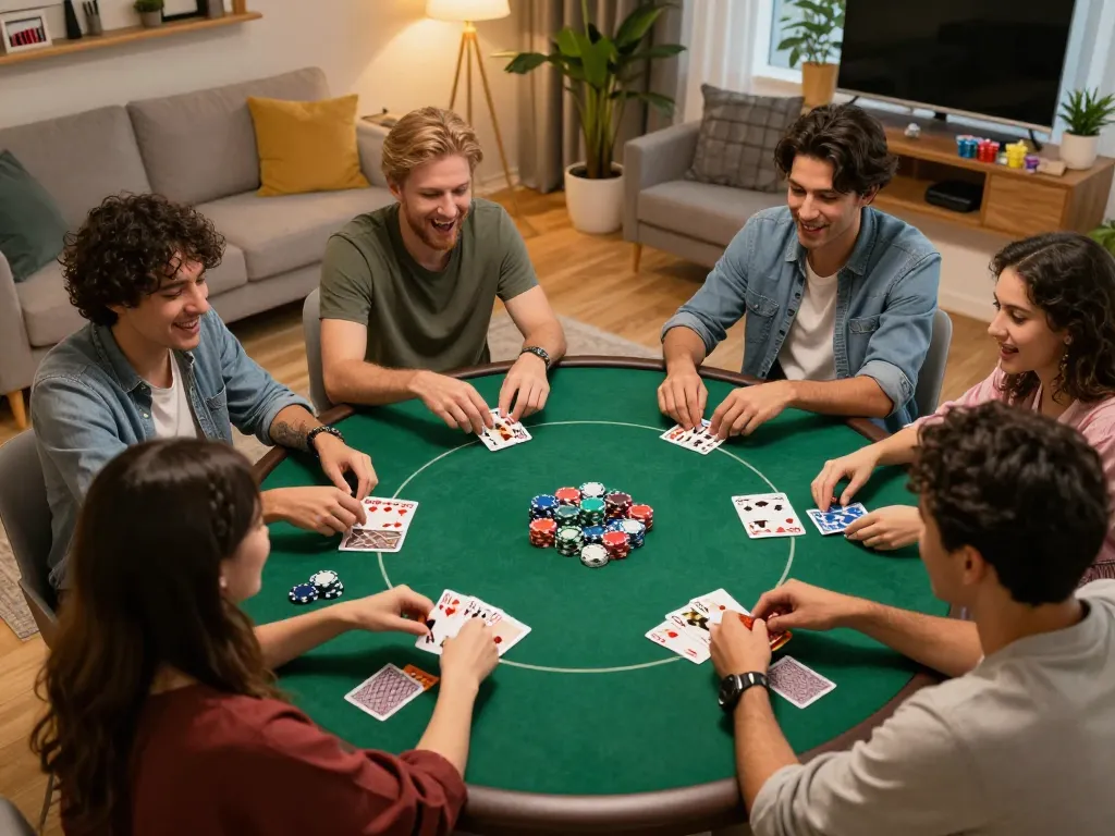 Socolive players engaged in a thrilling home poker night with colorful chips and cards.