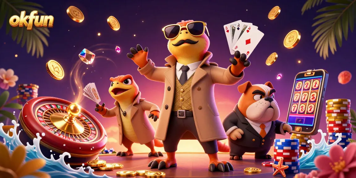 Play exciting casino games at okfun with vibrant characters, gold coins, and dynamic elements.