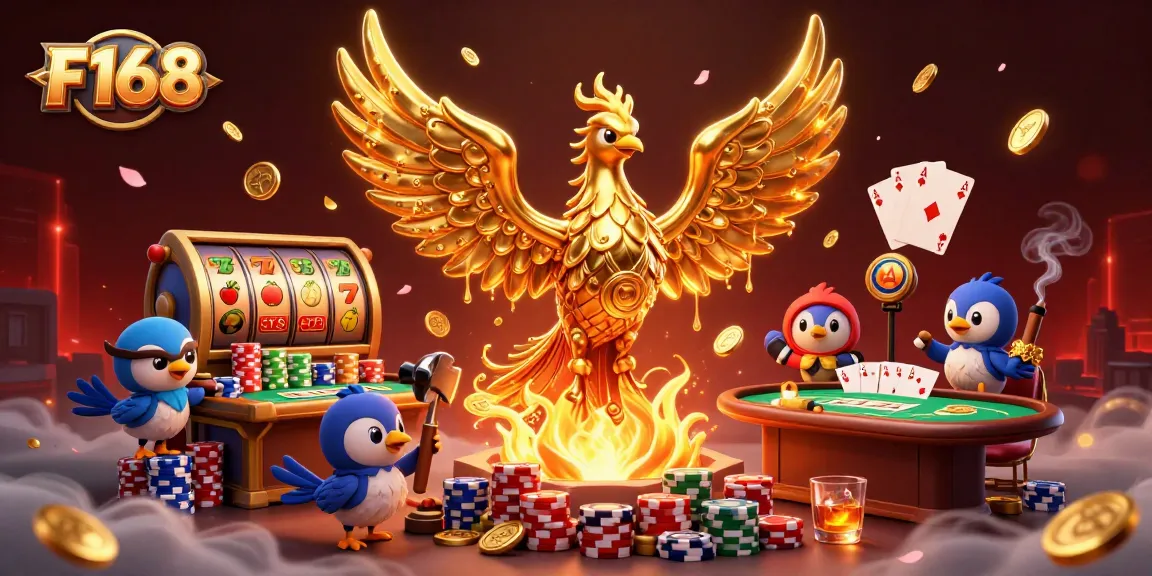 F168's golden phoenix igniting excitement while spinning lucky slot reels surrounded by poker elements in a vibrant casino scene.