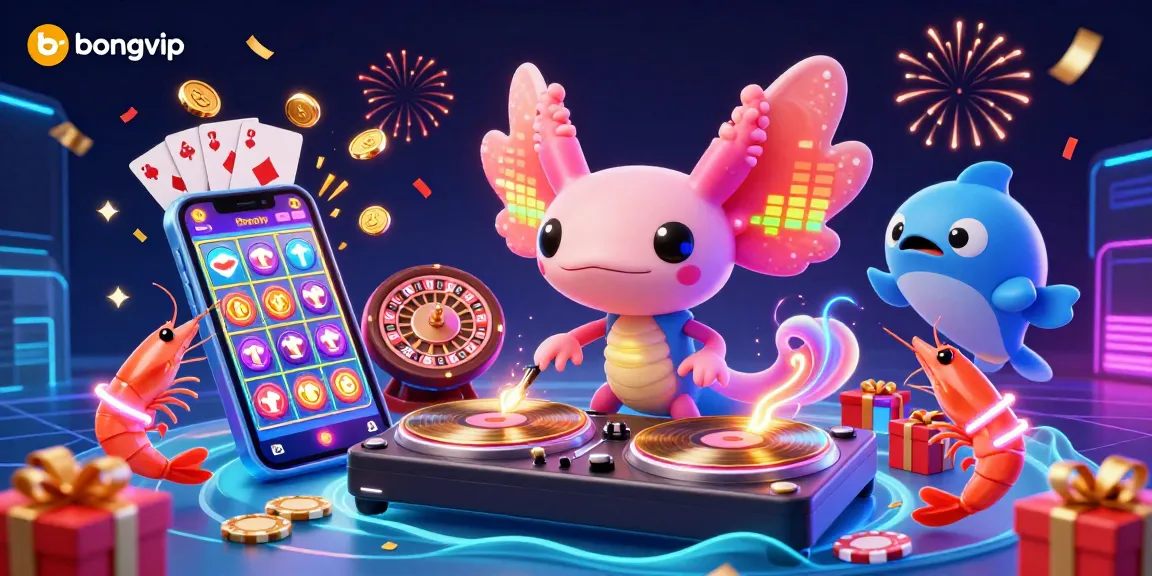 Bongvip brings excitement to life with a colorful casino party featuring a DJ axolotl spinning the hottest games.