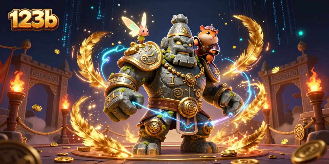 Engaging 123b casino scene featuring stone golem, fairy, and hamster knight amidst magical elements.