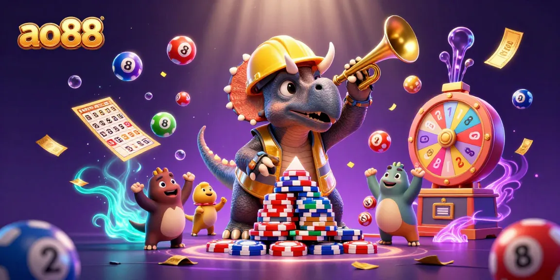 Celebrate with ao88 while the triceratops builds a poker chip pyramid in vibrant casino scene.