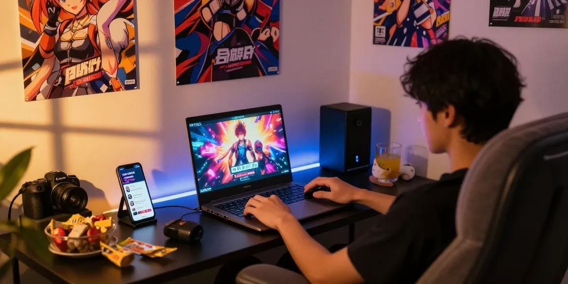 Engaged player enjoying hentaigames in a cozy gaming space with snacks and ambient lighting.