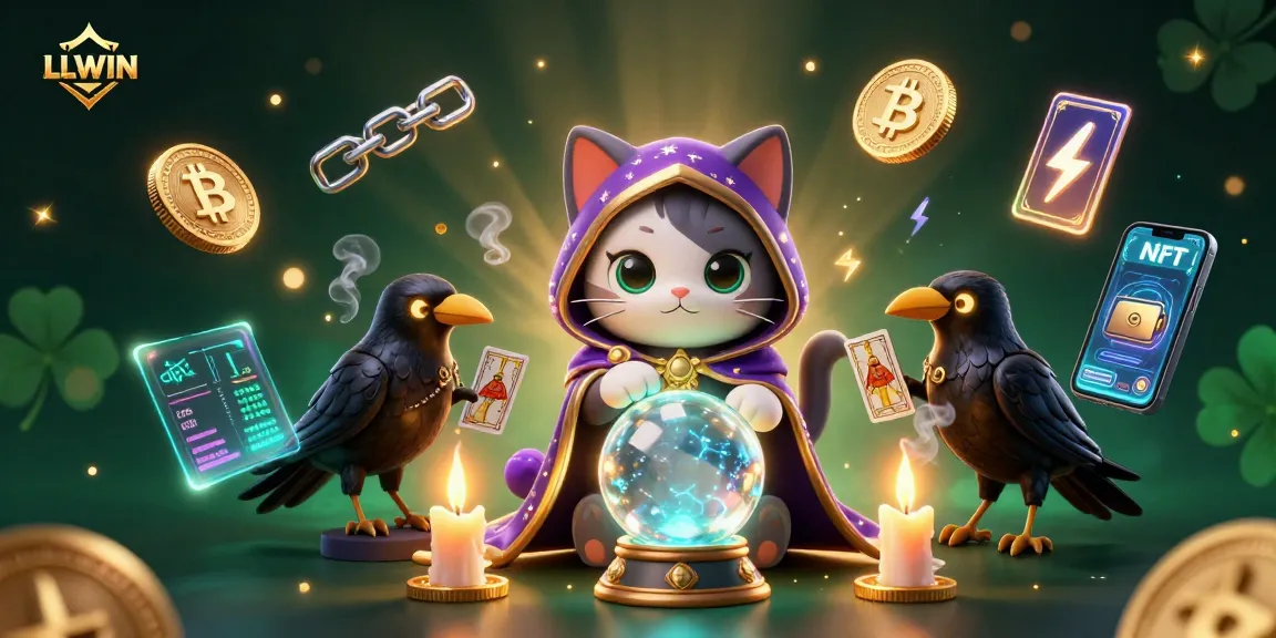 LLWIN offers unique gaming experiences, combining mystical themes and cryptocurrency visuals in an engaging illustration.