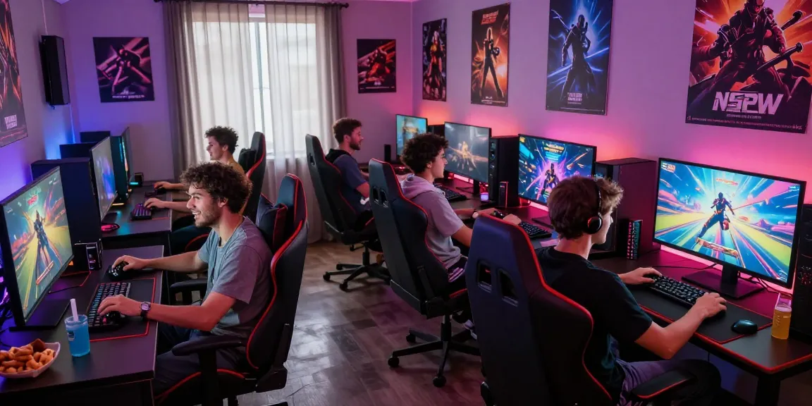 Friends enjoying NSFW games in a vibrant gaming lounge with neon lighting.