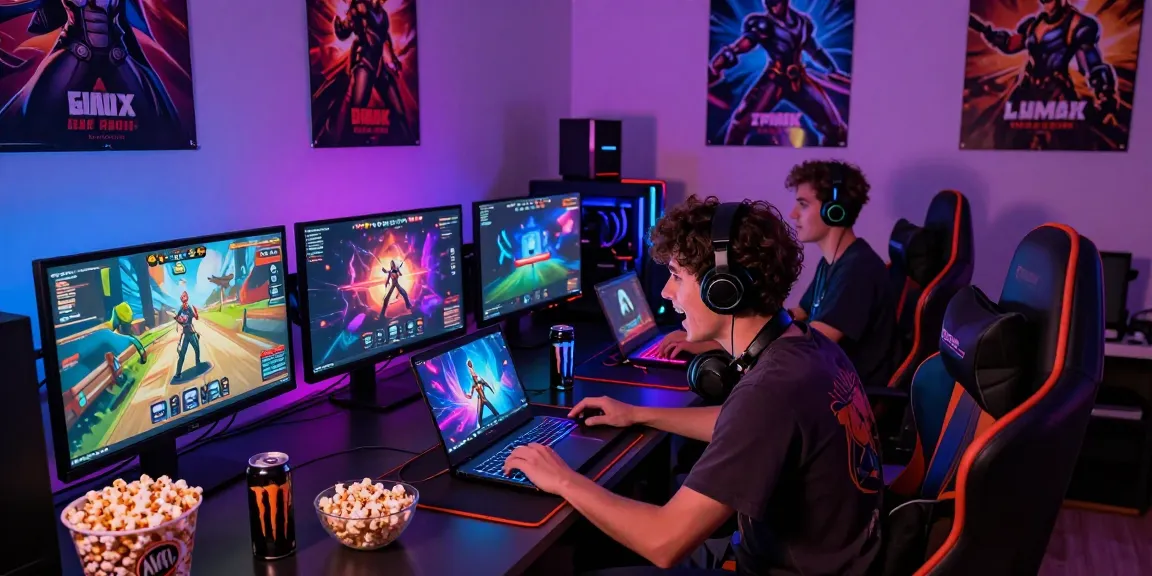 Playing adult game on gaming laptop amid colorful LED lights and snacks