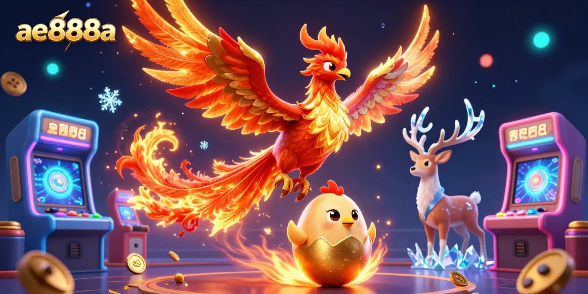 Experience thrilling cockfighting with ae888a's dynamic illustration featuring a blazing phoenix and playful elements.