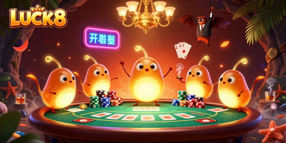 Experience LUCK8's vibrant casino atmosphere with glowworms and a unique bat dealer in this captivating 3D illustration.
