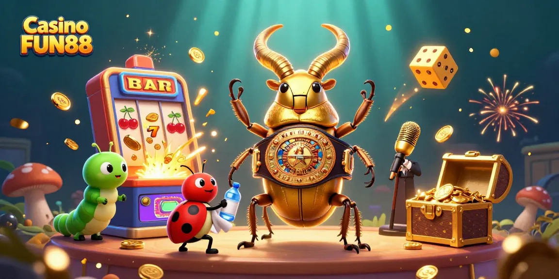 Casino FUN88 illustration with a giant golden stag beetle boxing champion and gaming elements, celebrating casino excitement.