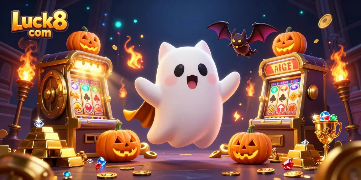 Playing exciting games at Luck8 com with a friendly ghost cat, bat, and glowing jack-o-lanterns.