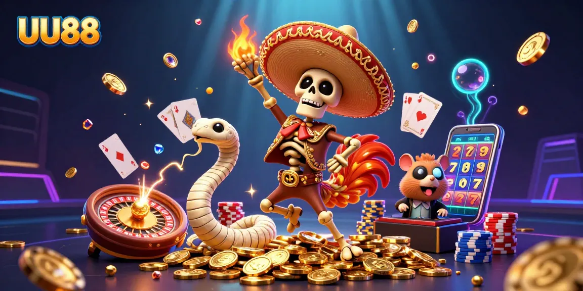 Players enjoy jackpot wins, spinning the UU88 slot reels amid cascading coins and vibrant lights.