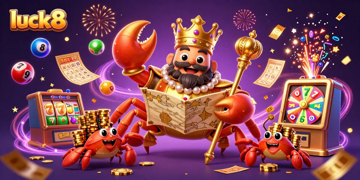 Experience the excitement of luck8 with a golden crab emperor leading a vibrant casino scene filled with dynamic games and rewards.