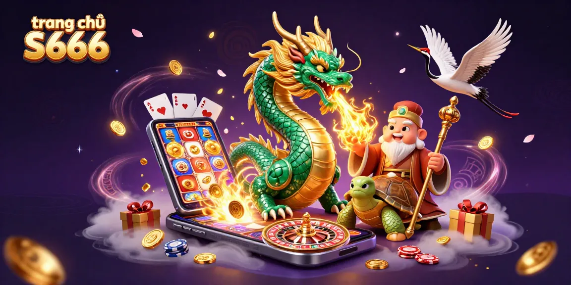 Join the excitement at trang chủ S666 with a dynamic scene of a dragon and turtle sage amidst colorful gambling elements.