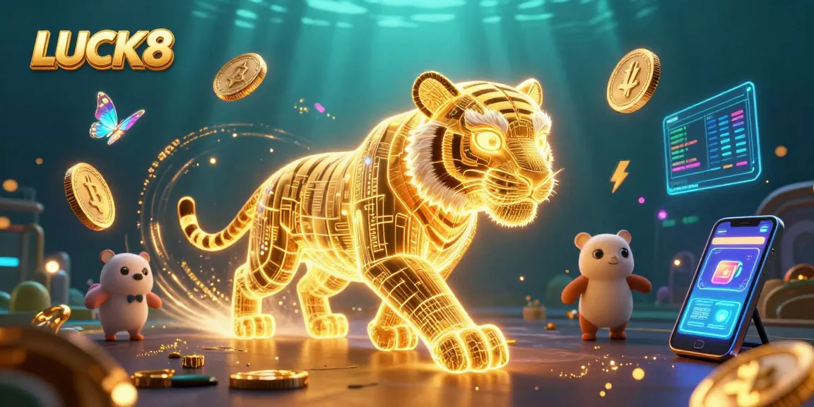 LUCK8 offers thrilling casino experiences with a glowing neon tiger amidst digital riches and crypto elements.
