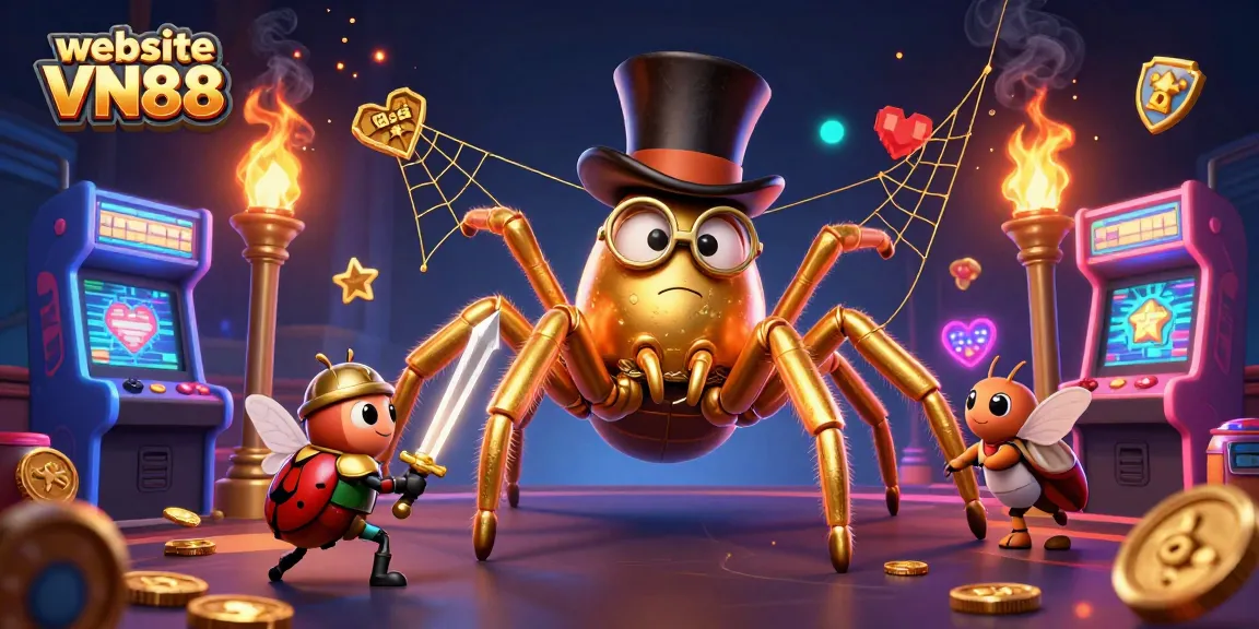 Engage with the exciting website VN88 featuring a dynamic scene of a golden tarantula and a brave beetle knight in an animated casino.