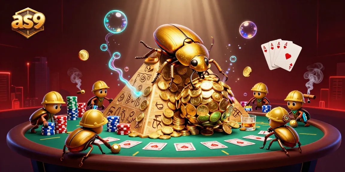 Experience as9 with a golden beetle rolling coins, poker graphics, and vibrant casino elements.