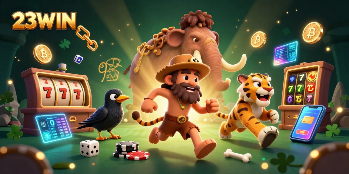 Experience thrilling slots at 23WIN with our unique prehistoric casino illustration featuring engaging characters.