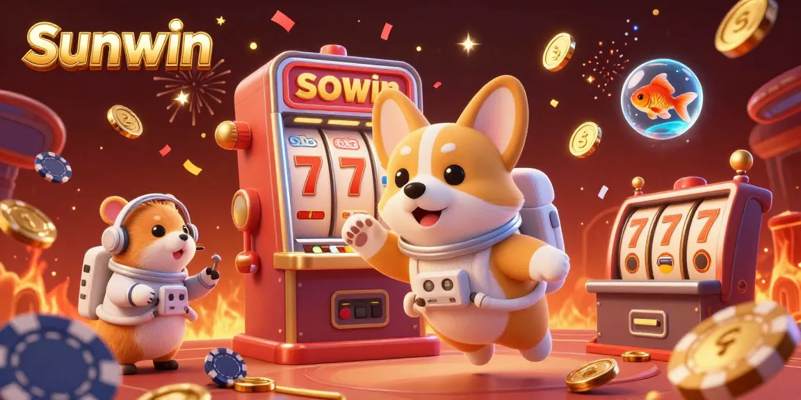 Experience the thrilling Sunwin gaming universe with a vibrant scene of a space casino, featuring a floating astronaut corgi, shimmering jackpots, and festive confetti.