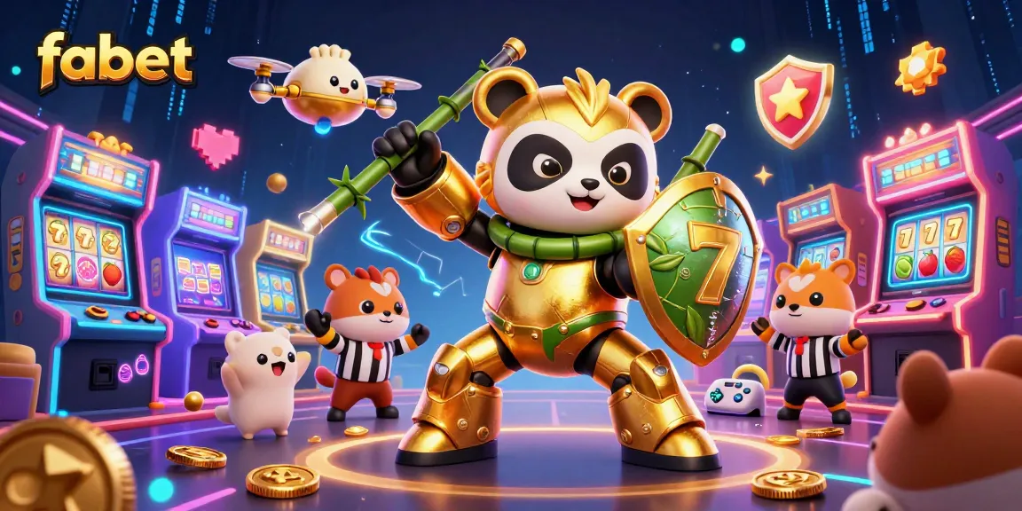 Experience fabet's thrilling world of slots with a golden panda piloting a robot in a vibrant casino scene.