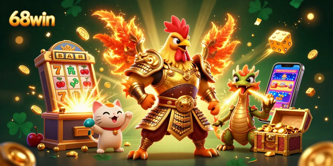 Experience the excitement of 68win with a vibrant 3D casino illustration showcasing dynamic game elements and characters.