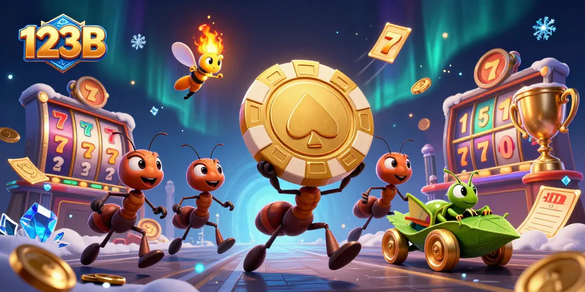 Ants running a heist at 123B casino with golden poker chip amid dynamic slot game elements