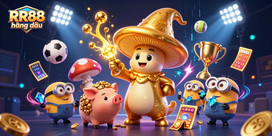 Engage with RR88 hàng đầu through an exciting, vibrant 3D casino illustration showcasing golden treasures and magical elements.