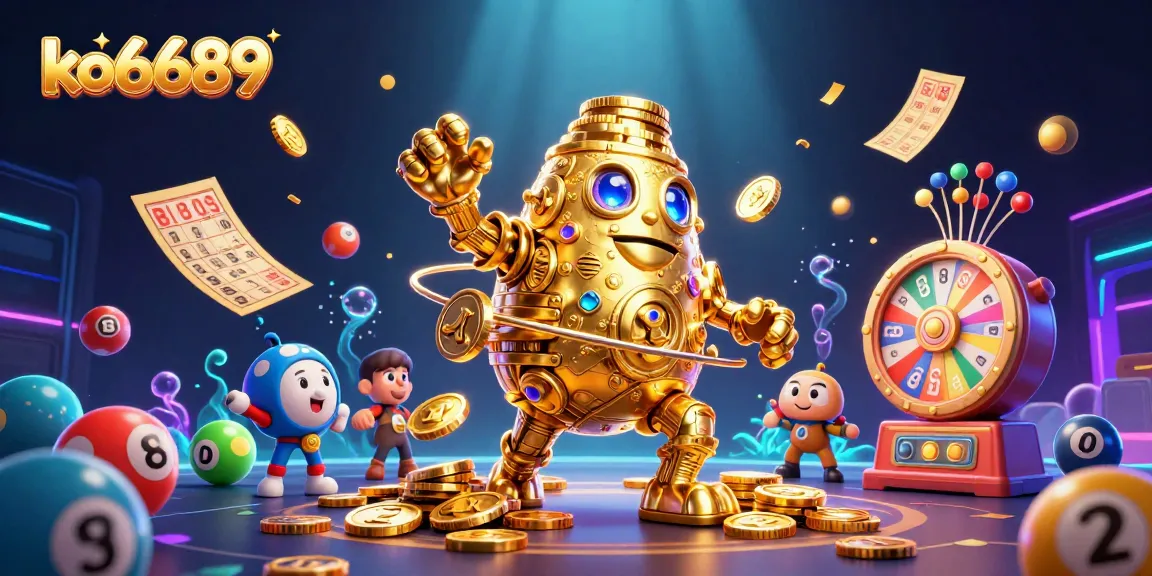 Experience thrilling wins with ko6689's colorful lottery balls and golden golem in a vibrant casino scene.