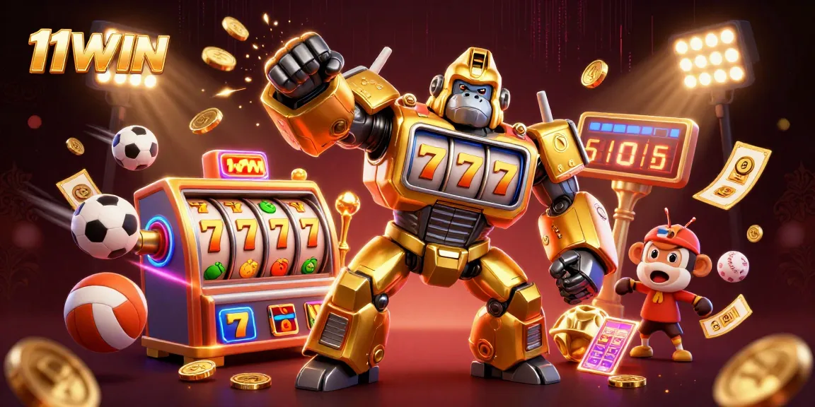 Engage with 11WIN as a golden gorilla mech dominates a vibrant casino scene filled with slot reels and sports.