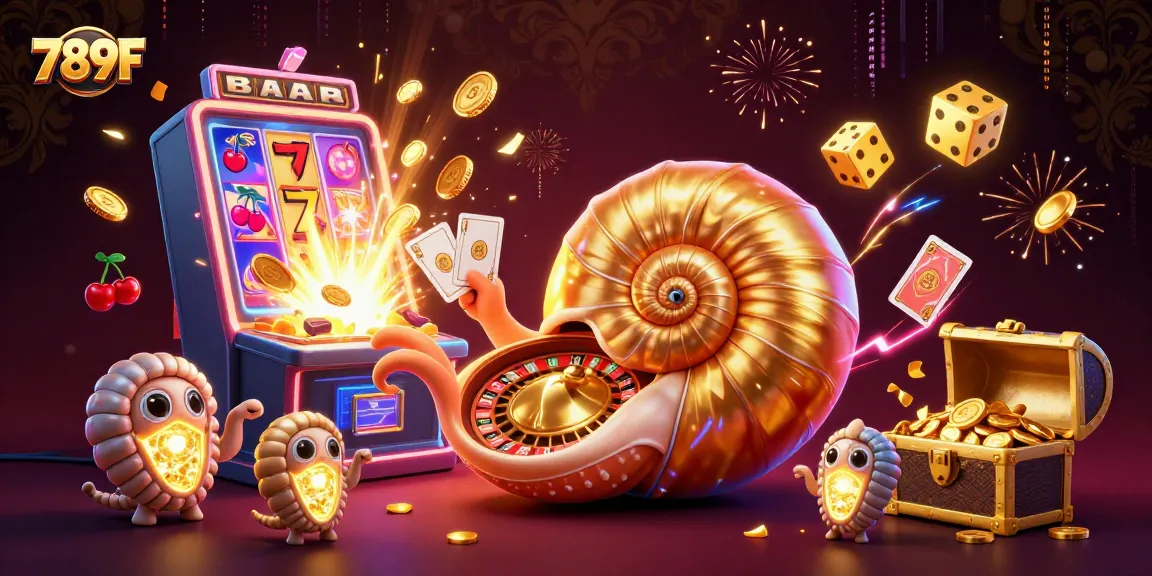 Immerse in 789F's vibrant casino scene featuring a giant nautilus roulette wheel and lively slot jackpots.