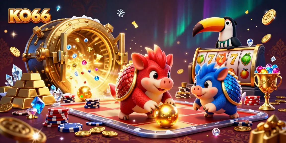 KO66 rivals rolling golden balls, showcasing vibrant casino action with a toucan referee.