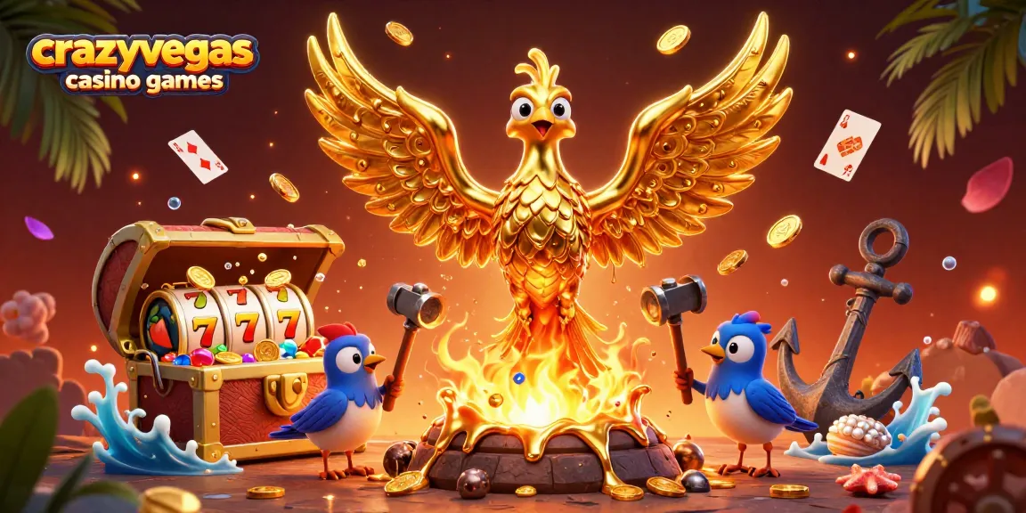Cherish the excitement of crazyvegas casino games as a molten phoenix mingles with dynamic slot symbols and gold coins.