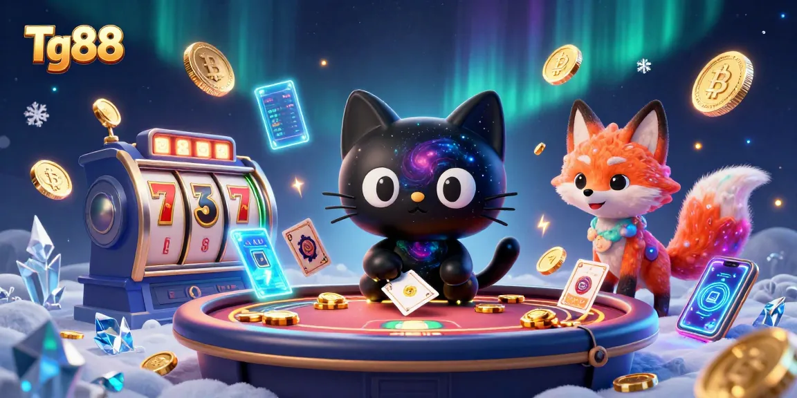 Engage with Tg88 in a vibrant cosmic casino scene featuring a black hole cat and colorful gas fox.