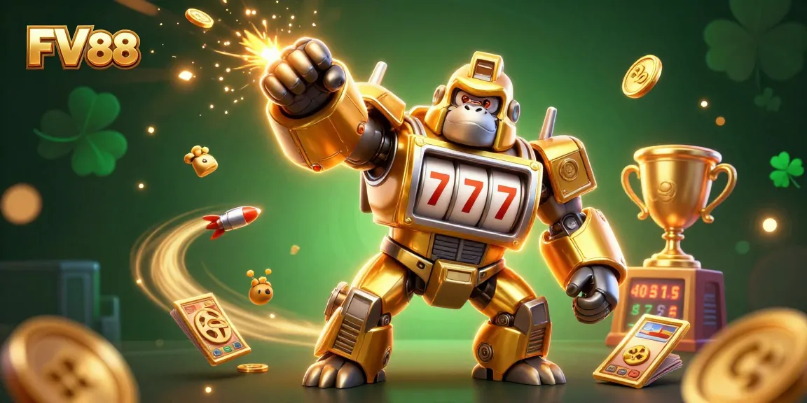 Spin to win at FV 88 with this vibrant 3D casino illustration showcasing an exciting gorilla mech.