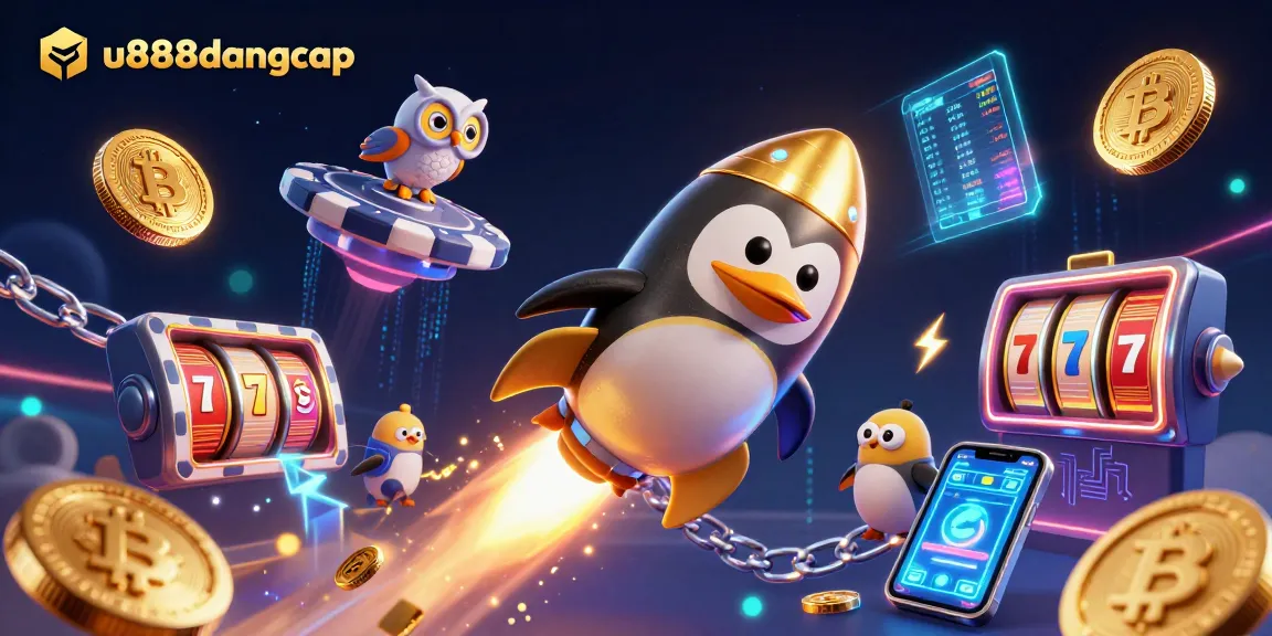 Experience thrilling gameplay with u888dangcap as the penguin navigates a vibrant cosmic casino landscape.