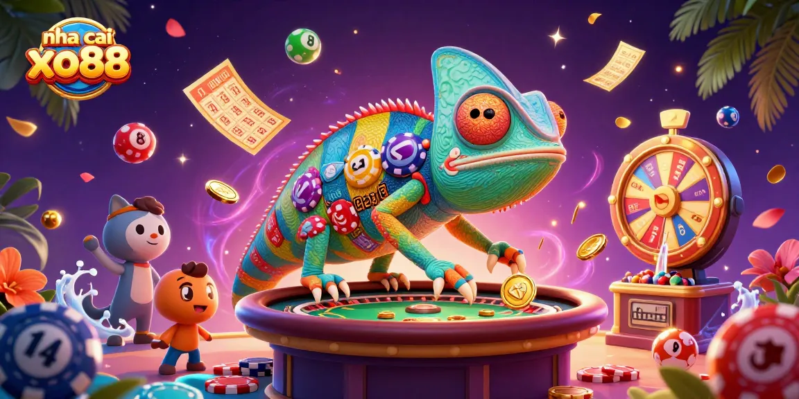 Experience the vibrant world of nha cai xo88 with the chameleon casino owner in a colorful 3D digital scene.
